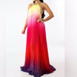 L'atiste Ombré Halter Pleated Grecian Rainbow Maxi Dress Gown